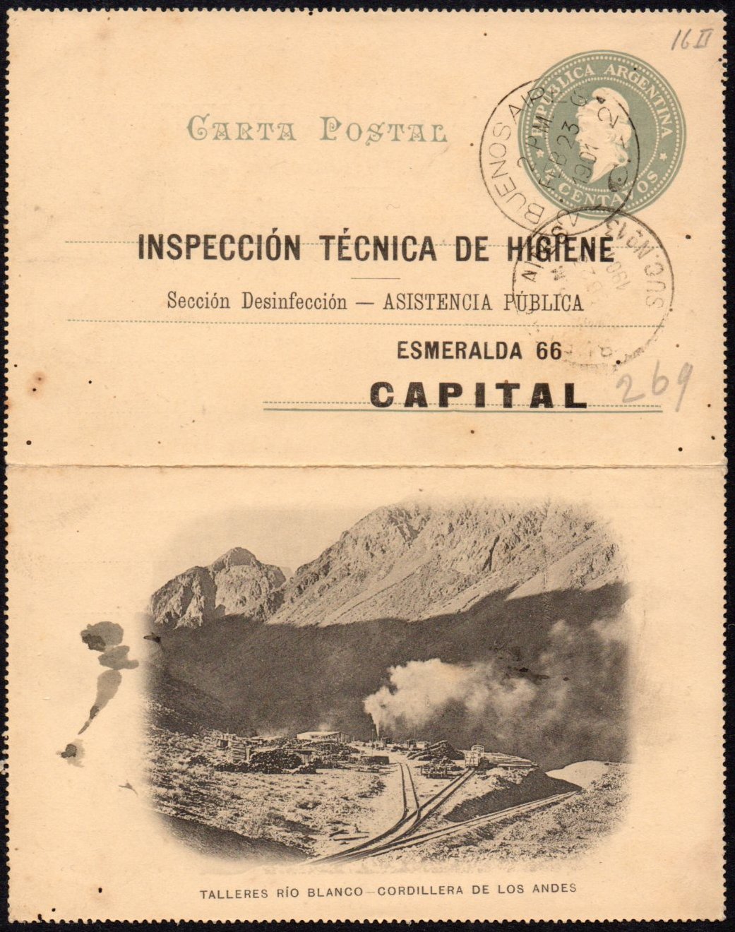 Argentina postal stationery letter card indutstrial scene with steam train and the Andes